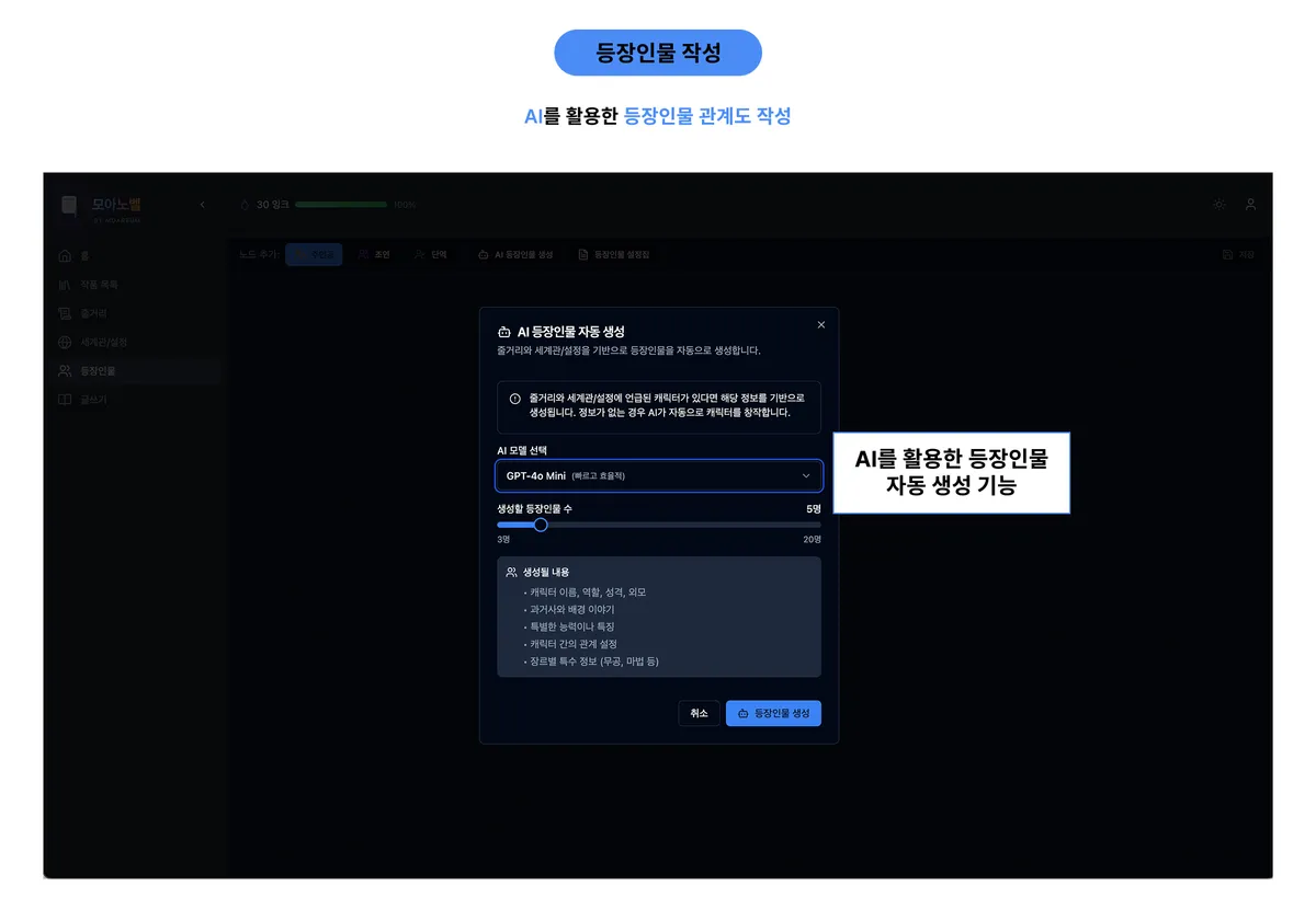 모아노벨 AI 창작 도구